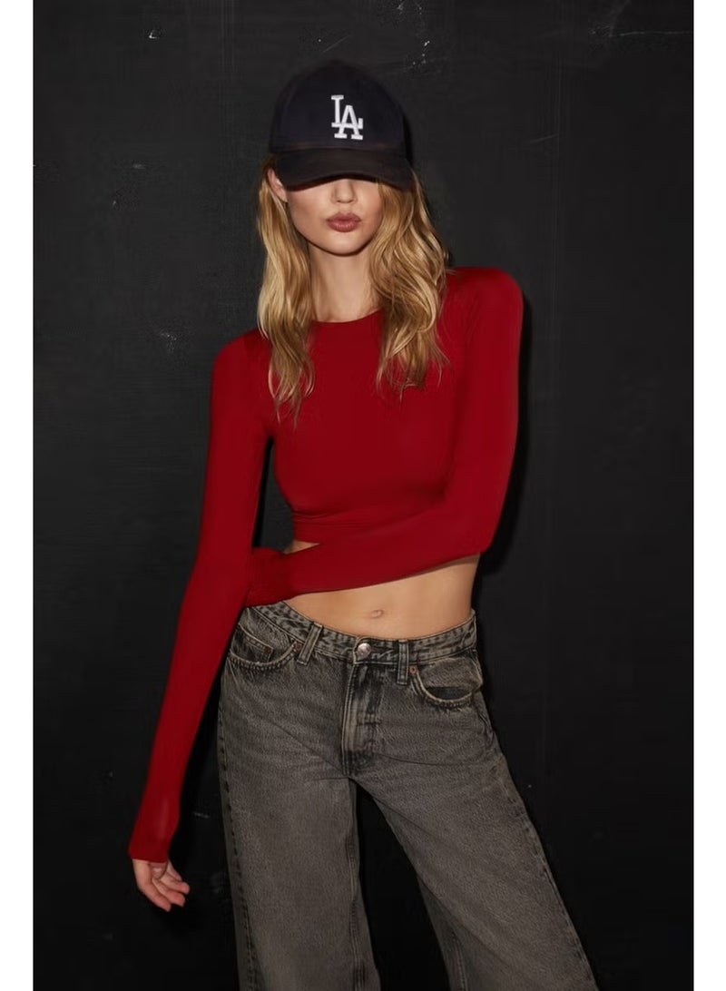 GRIMELANGE Jovana Women's Crew Neck Flexible Long Sleeve Crop Red Blouse - Image 5